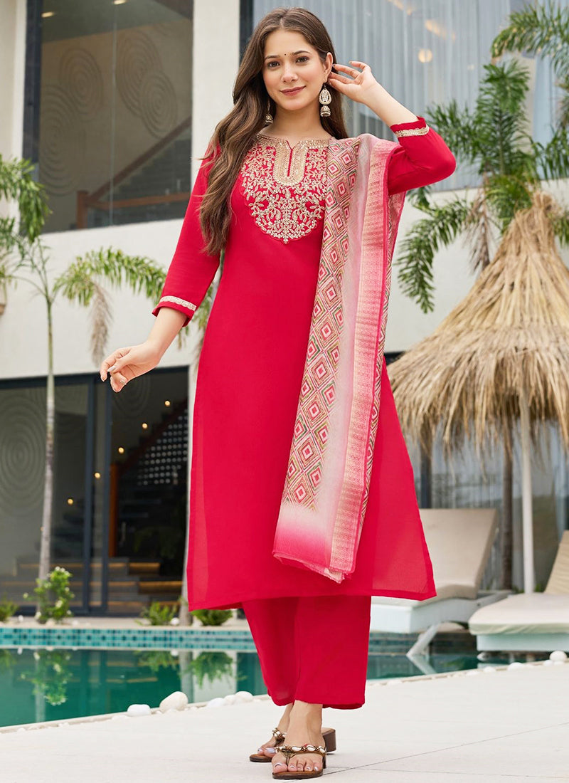 Vellora Rayon Slub Red Casual Wear Embroidery Work Readymade Salwar Suit