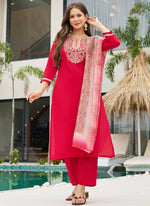 Thumbnail for Vellora Rayon Slub Red Casual Wear Embroidery Work Readymade Salwar Suit