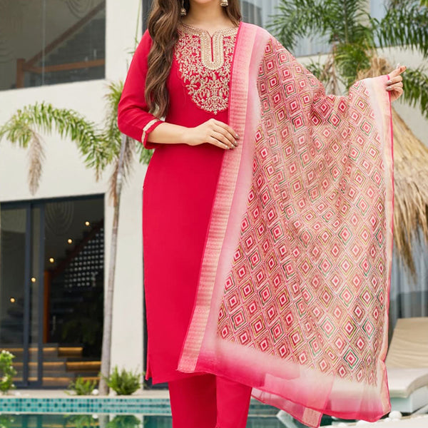 Vellora Rayon Slub Red Casual Wear Embroidery Work Readymade Salwar Suit - Distacart