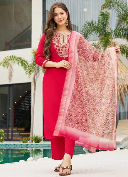 Vellora Rayon Slub Red Casual Wear Embroidery Work Readymade Salwar Suit