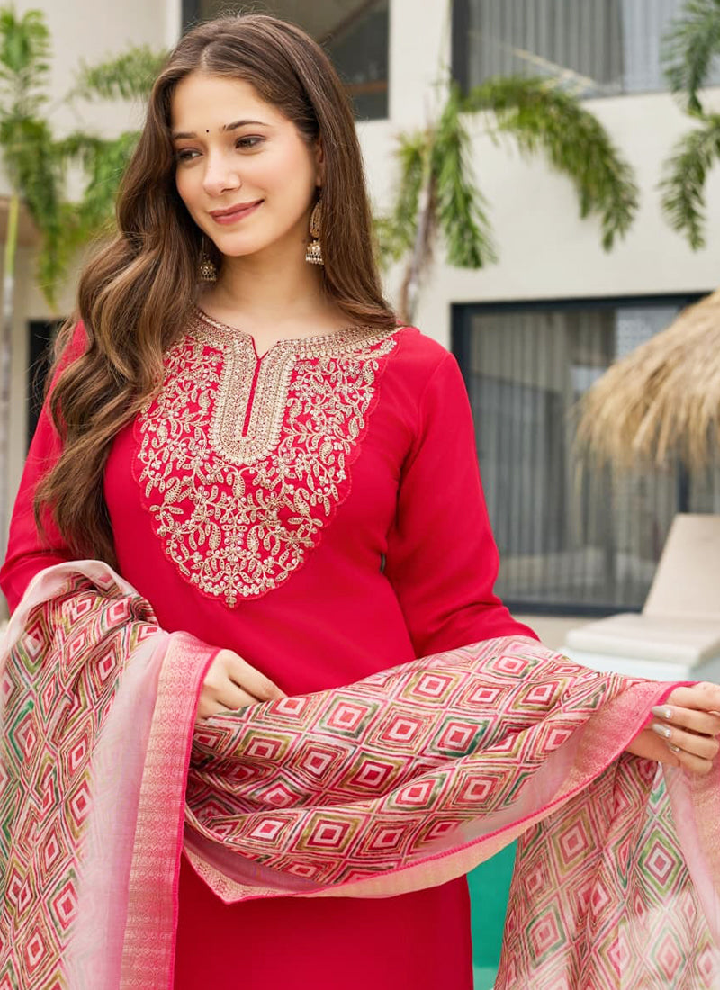 Vellora Rayon Slub Red Casual Wear Embroidery Work Readymade Salwar Suit