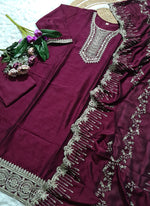 Thumbnail for Vellora Vichitra Silk Deep Maroon Casual Wear Embroidery Work Readymade Salwar Suit