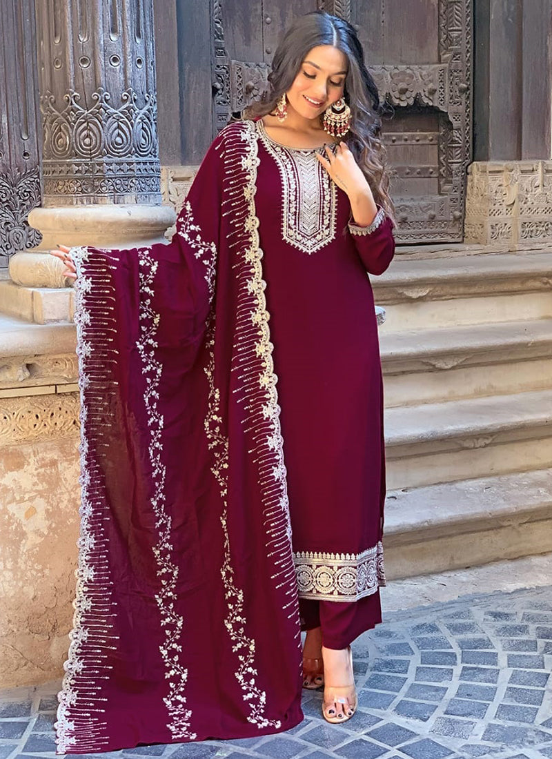 Vellora Vichitra Silk Deep Maroon Casual Wear Embroidery Work Readymade Salwar Suit