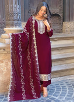 Thumbnail for Vellora Vichitra Silk Deep Maroon Casual Wear Embroidery Work Readymade Salwar Suit