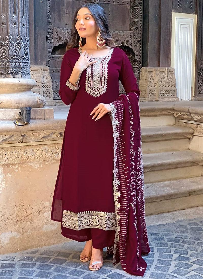 Vellora Vichitra Silk Deep Maroon Casual Wear Embroidery Work Readymade Salwar Suit