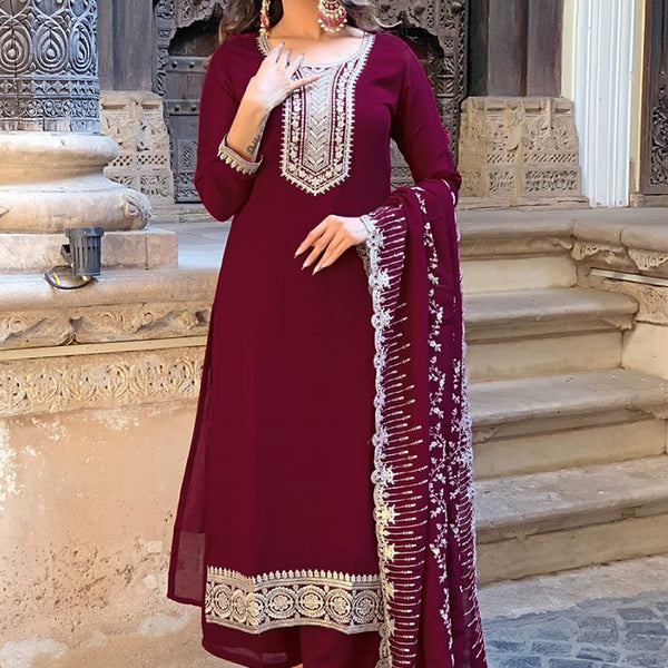 Vellora Vichitra Silk Deep Maroon Casual Wear Embroidery Work Readymade Salwar Suit - Distacart