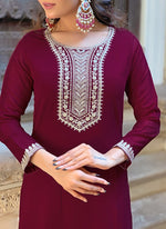Thumbnail for Vellora Vichitra Silk Deep Maroon Casual Wear Embroidery Work Readymade Salwar Suit