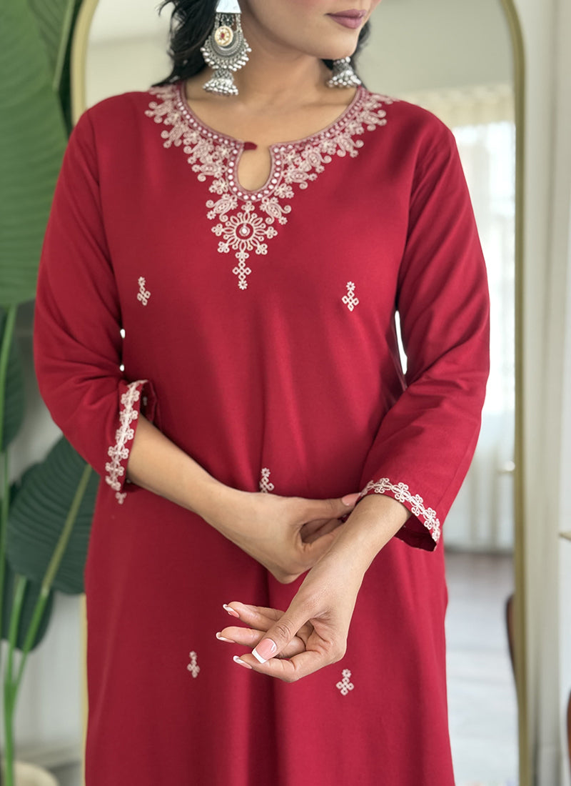 Vellora Viscose Rayon Maroon Casual Wear Embroidery Work Readymade Salwar Suit