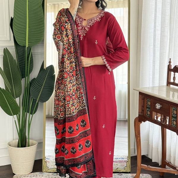 Vellora Viscose Rayon Maroon Casual Wear Embroidery Work Readymade Salwar Suit - Distacart