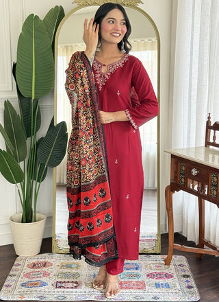 Vellora Viscose Rayon Maroon Casual Wear Embroidery Work Readymade Salwar Suit