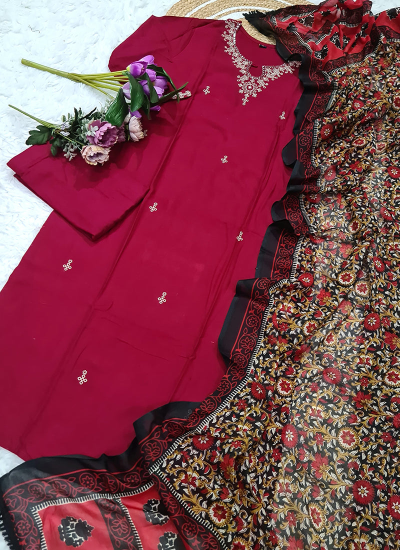 Vellora Viscose Rayon Maroon Casual Wear Embroidery Work Readymade Salwar Suit