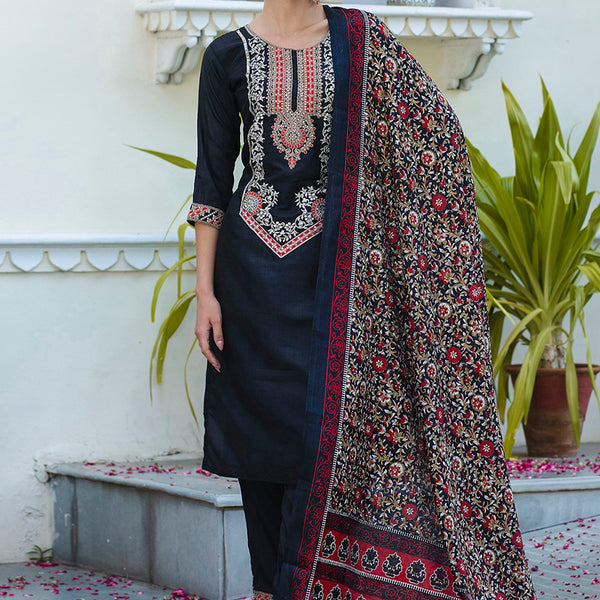 Vellora Silk Blend Black Ocassional Wear Embroidery Work Readymade Salwar Suit
