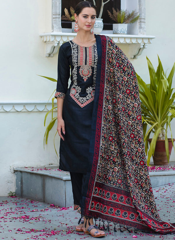 Vellora Silk Blend Black Ocassional Wear Embroidery Work Readymade Salwar Suit
