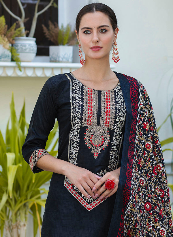 Vellora Silk Blend Black Ocassional Wear Embroidery Work Readymade Salwar Suit