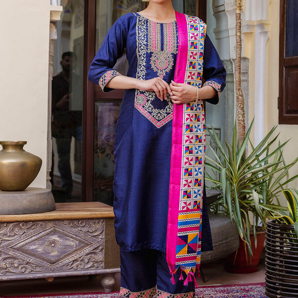 Vellora Silk Blend Royal Blue Ocassional Wear Embroidery Work Readymade Salwar Suit - Distacart