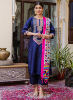Thumbnail for Vellora Silk Blend Royal Blue Ocassional Wear Embroidery Work Readymade Salwar Suit