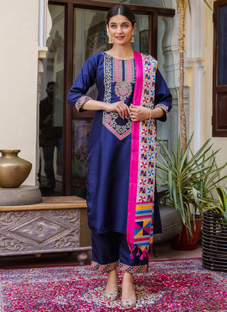 Vellora Silk Blend Royal Blue Ocassional Wear Embroidery Work Readymade Salwar Suit