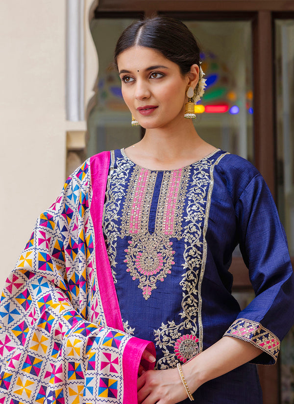 Vellora Silk Blend Royal Blue Ocassional Wear Embroidery Work Readymade Salwar Suit