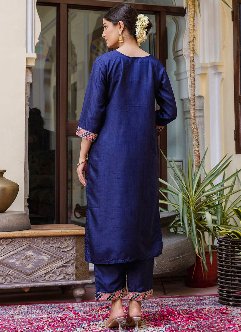 Vellora Silk Blend Royal Blue Ocassional Wear Embroidery Work Readymade Salwar Suit