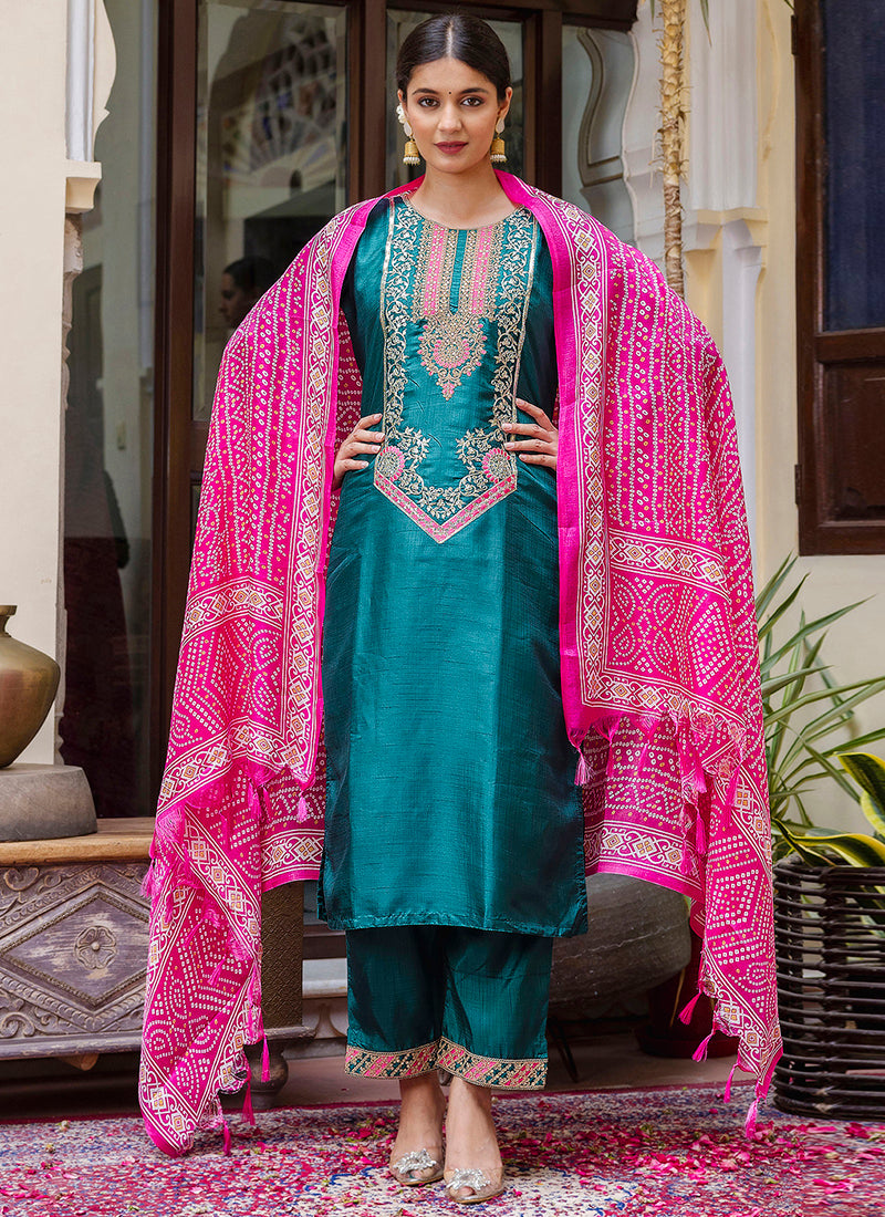 Vellora Silk Blend Rama Ocassional Wear Embroidery Work Readymade Salwar Suit