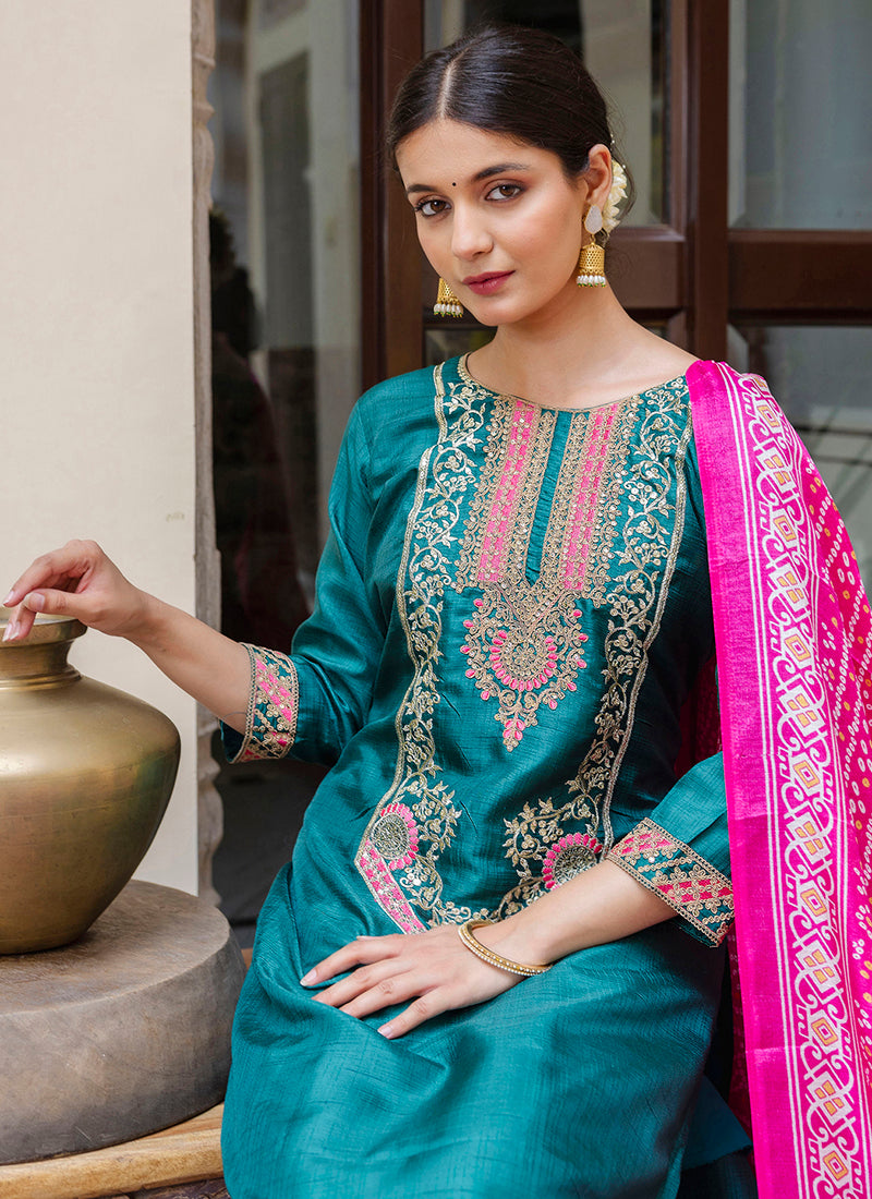 Vellora Silk Blend Rama Ocassional Wear Embroidery Work Readymade Salwar Suit