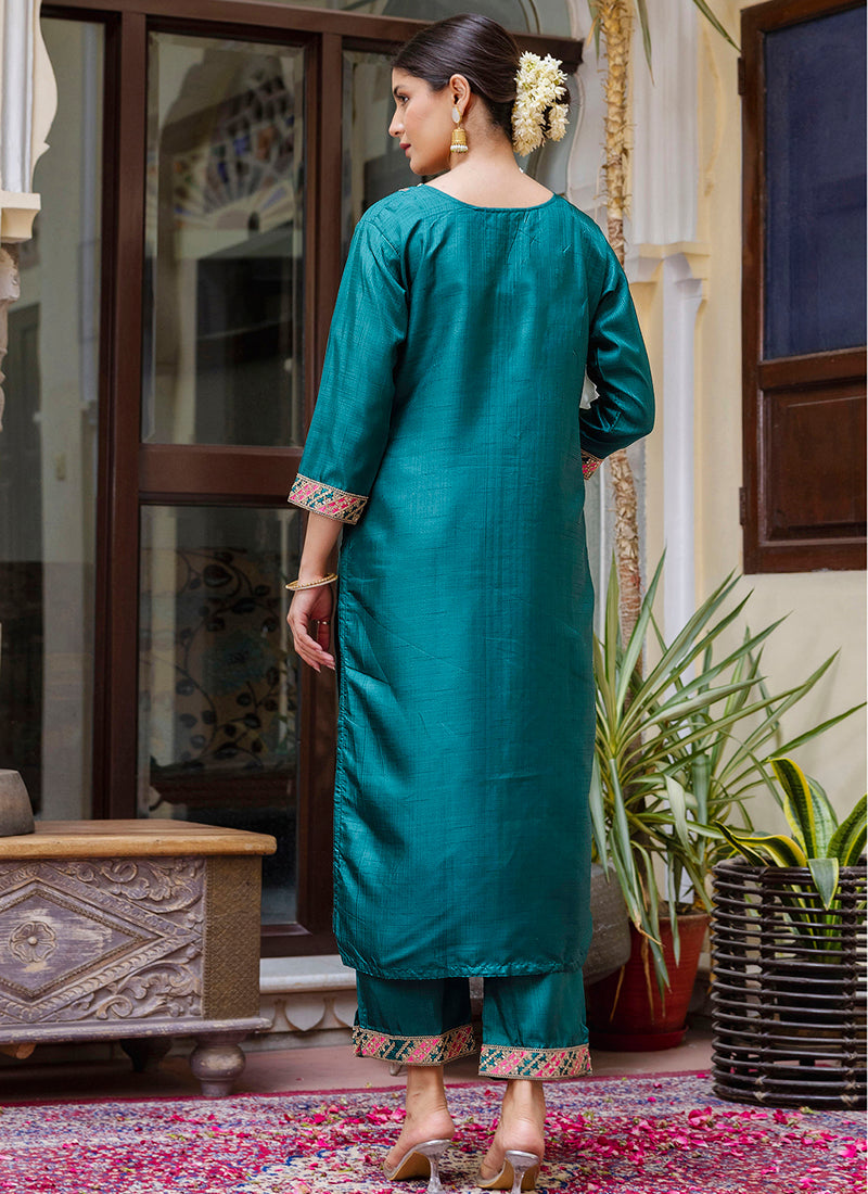 Vellora Silk Blend Rama Ocassional Wear Embroidery Work Readymade Salwar Suit