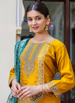 Thumbnail for Vellora Silk Blend Mustard Ocassional Wear Embroidery Work Readymade Salwar Suit
