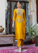 Thumbnail for Vellora Silk Blend Mustard Ocassional Wear Embroidery Work Readymade Salwar Suit