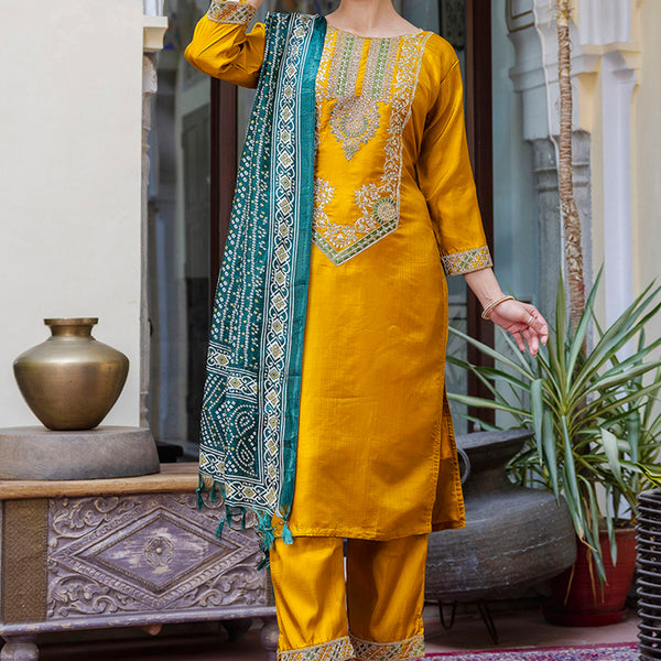 Vellora Silk Blend Mustard Ocassional Wear Embroidery Work Readymade Salwar Suit