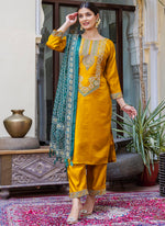 Thumbnail for Vellora Silk Blend Mustard Ocassional Wear Embroidery Work Readymade Salwar Suit