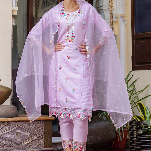 Vellora Viscose Roman Silk Light Lilac Casual Wear Embroidery Work Readymade Salwar Suit - Distacart