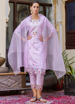 Vellora Viscose Roman Silk Light Lilac Casual Wear Embroidery Work Readymade Salwar Suit