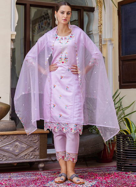Vellora Viscose Roman Silk Light Lilac Casual Wear Embroidery Work Readymade Salwar Suit