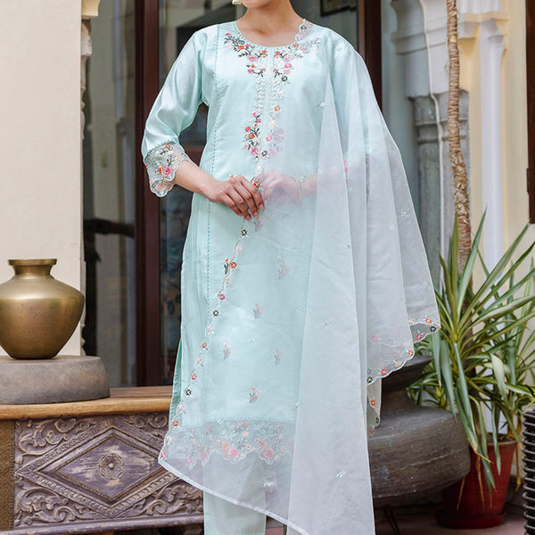 Vellora Viscose Roman Silk Sea Green Casual Wear Embroidery Work Readymade Salwar Suit - Distacart