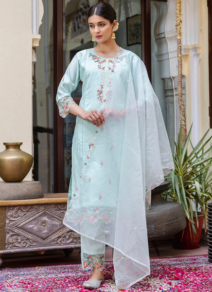 Vellora Viscose Roman Silk Sea Green Casual Wear Embroidery Work Readymade Salwar Suit