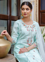Thumbnail for Vellora Viscose Roman Silk Sea Green Casual Wear Embroidery Work Readymade Salwar Suit