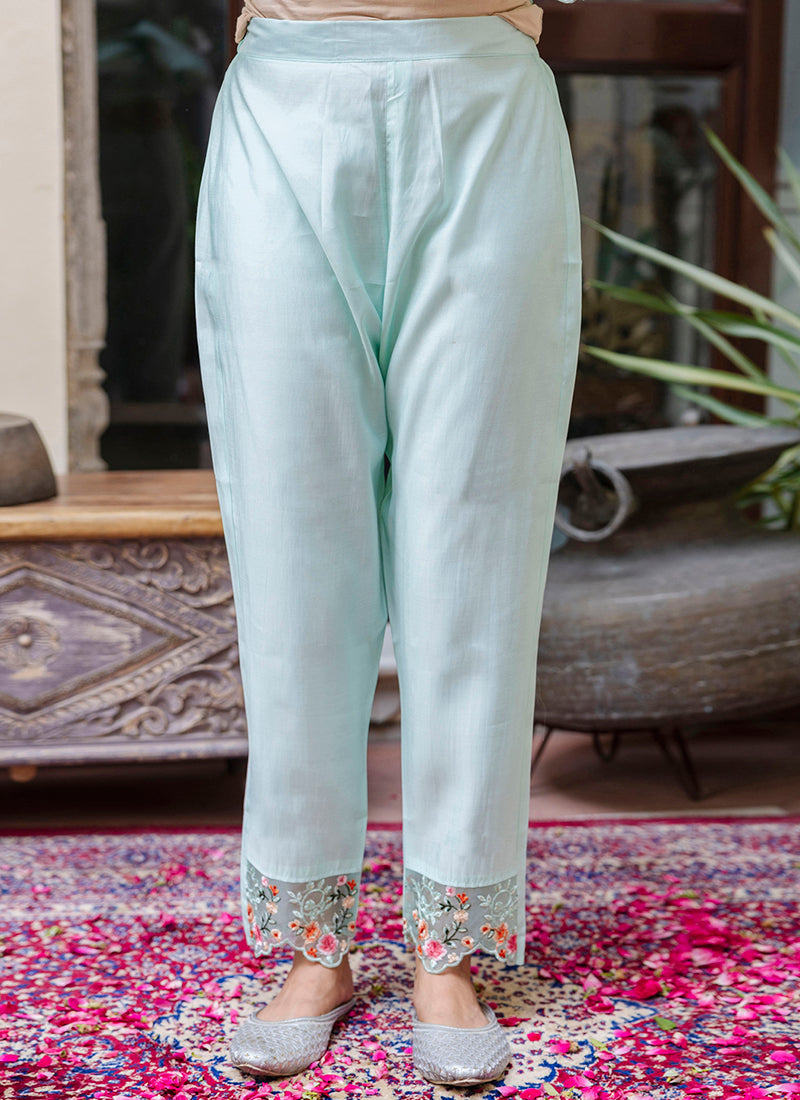 Vellora Viscose Roman Silk Sea Green Casual Wear Embroidery Work Readymade Salwar Suit