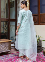 Thumbnail for Vellora Viscose Roman Silk Sea Green Casual Wear Embroidery Work Readymade Salwar Suit