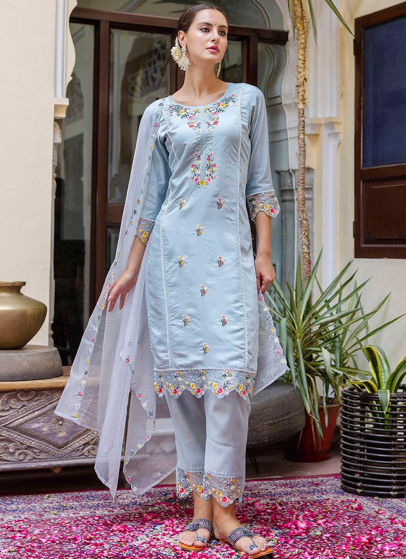 Vellora Viscose Roman Silk Powder Blue Casual Wear Embroidery Work Readymade Salwar Suit