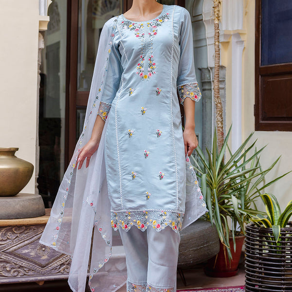 Vellora Viscose Roman Silk Powder Blue Casual Wear Embroidery Work Readymade Salwar Suit - Distacart