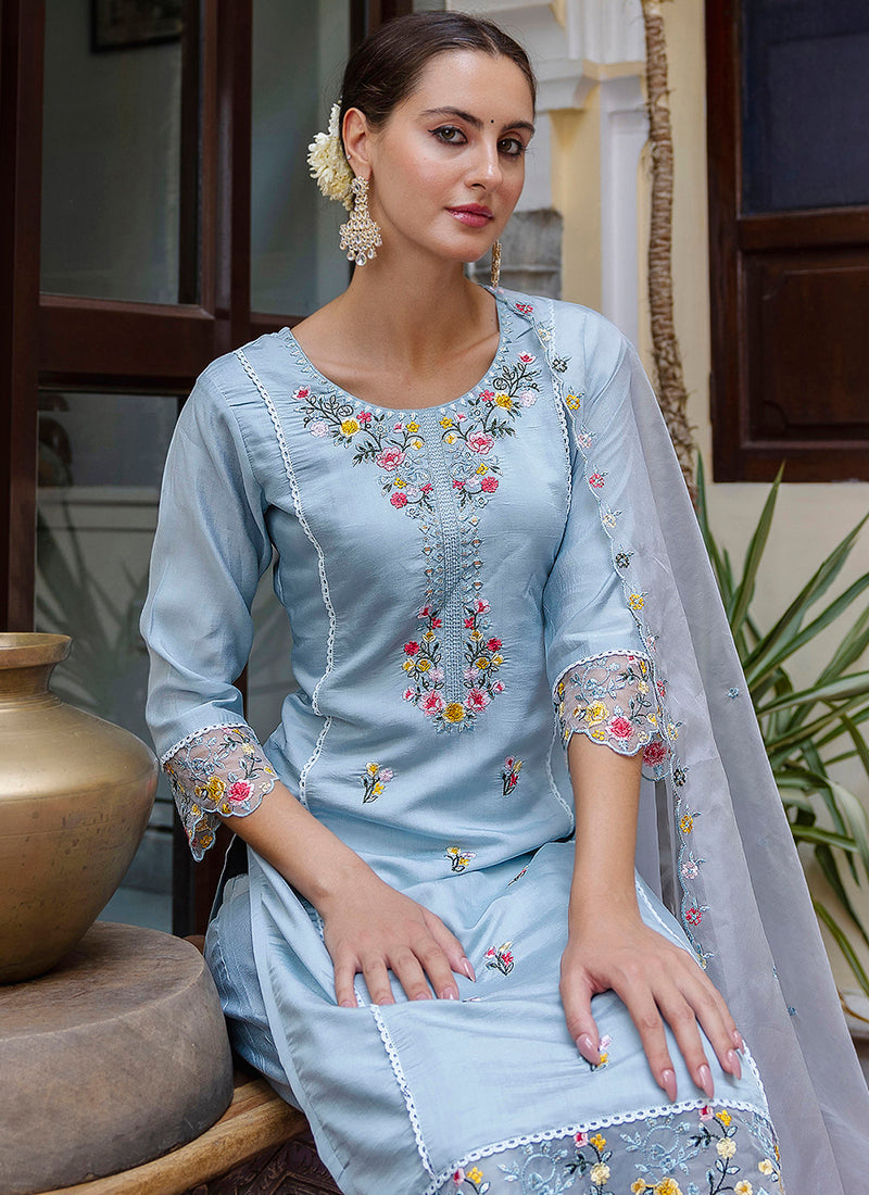 Vellora Viscose Roman Silk Powder Blue Casual Wear Embroidery Work Readymade Salwar Suit