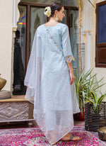 Thumbnail for Vellora Viscose Roman Silk Powder Blue Casual Wear Embroidery Work Readymade Salwar Suit