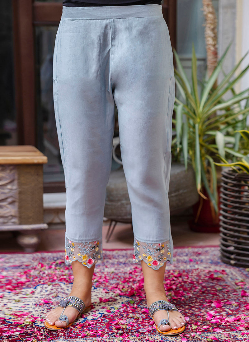 Vellora Viscose Roman Silk Powder Blue Casual Wear Embroidery Work Readymade Salwar Suit