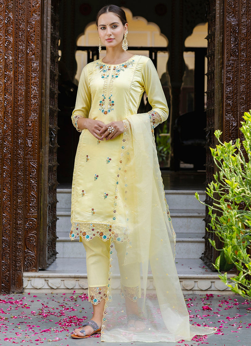 Vellora Viscose Roman Silk Yellow Casual Wear Embroidery Work Readymade Salwar Suit