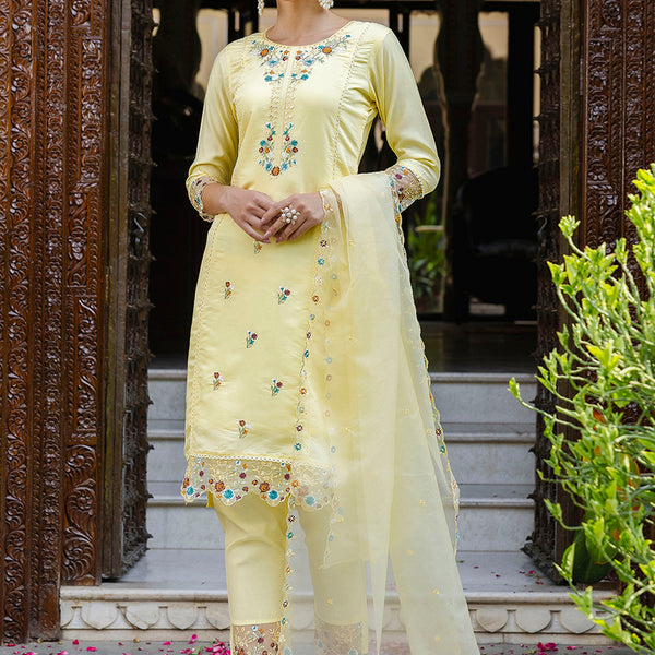 Vellora Viscose Roman Silk Yellow Casual Wear Embroidery Work Readymade Salwar Suit - Distacart