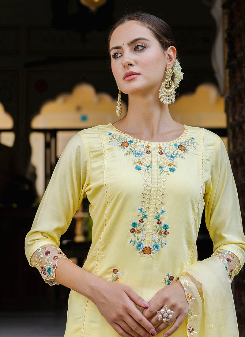 Vellora Viscose Roman Silk Yellow Casual Wear Embroidery Work Readymade Salwar Suit