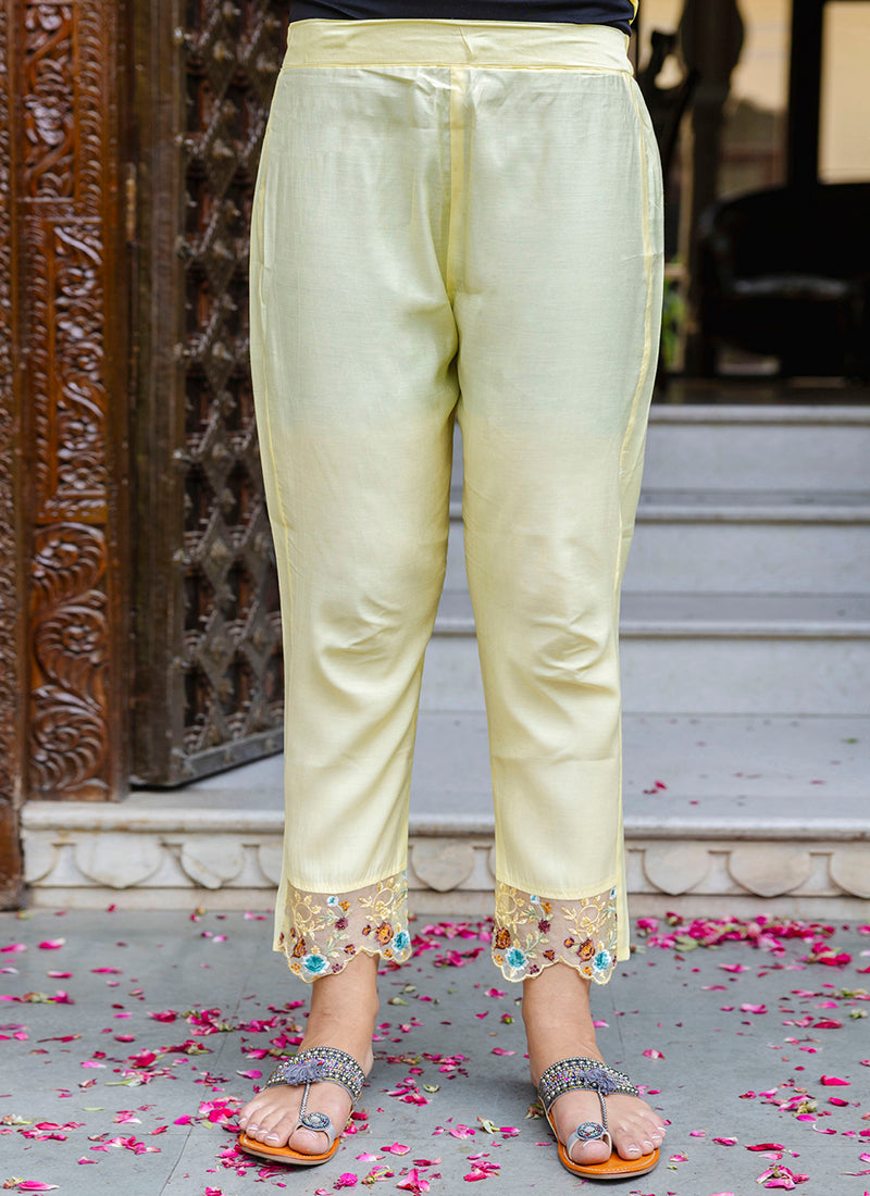 Vellora Viscose Roman Silk Yellow Casual Wear Embroidery Work Readymade Salwar Suit