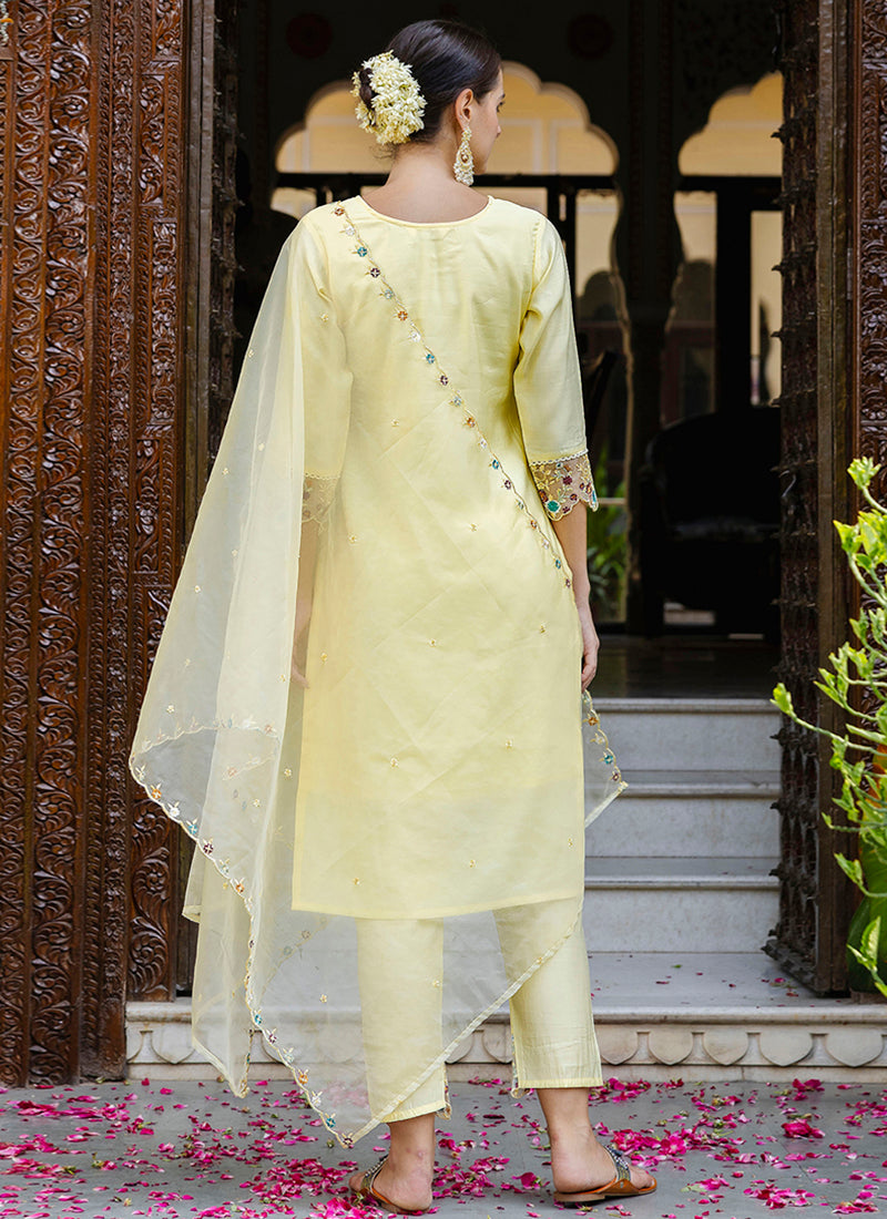 Vellora Viscose Roman Silk Yellow Casual Wear Embroidery Work Readymade Salwar Suit