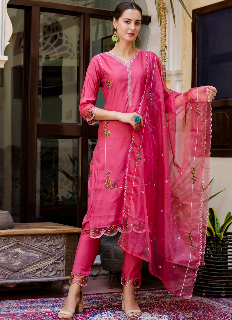 Vellora Viscose Roman Silk Pink Casual Wear Embroidery Work Readymade Salwar Suit