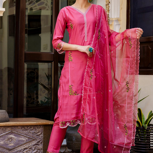 Vellora Viscose Roman Silk Pink Casual Wear Embroidery Work Readymade Salwar Suit - Distacart